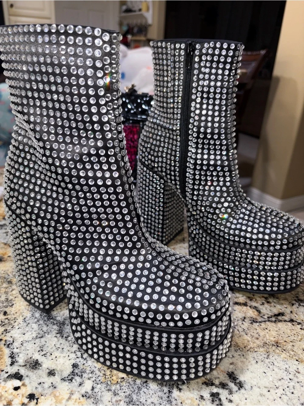 Black Crystal-Studded Platform Ankle Boots